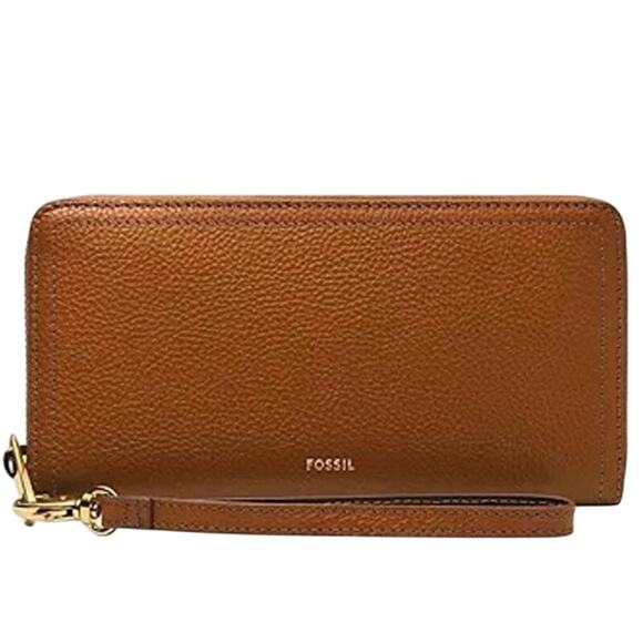 Fossil Wallet Logan RFID Zip Clutch Saddle color Leather gold hardware wristlet - Picture 1 of 7